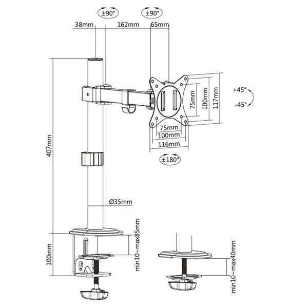 Equip Monitor Asztali konzol - 650156 (17"-32", 1 monitor, dönthető, forgatható, állítható magasság, Max.: 9kg, fekete) – 8. kép
