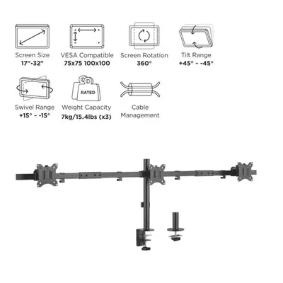 Equip Monitor Asztali konzol - 650158 (13"-27", 3 monitor, dönthető, forgatható, állítható magasság Max.: 3x7kg, fekete) – 2. kép