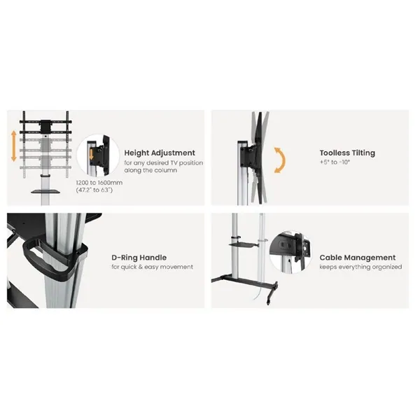 Equip TV állvány - 650631 (60"-100" álló, dönthető, állítható magasság, gurulós, Max.:100kg, fekete/ezüst) – 5. kép