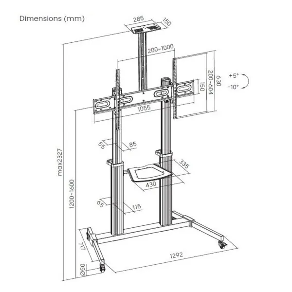 Equip TV állvány - 650631 (60"-100" álló, dönthető, állítható magasság, gurulós, Max.:100kg, fekete/ezüst) – 7. kép