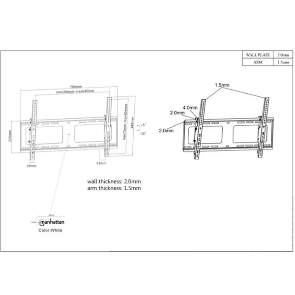 Manhattan TV állvány - Fali , dönthető TV állvány Fekete (max.VESA:600x400)(37"-80"-ig) 80kg teherbírás – 3. kép