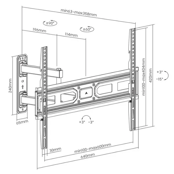 Manhattan TV állvány - Fali, dönthető, forgatható, TV állvány Fekete (max.VESA:600x400)(37"-70"-ig) 35 kg – 3. kép