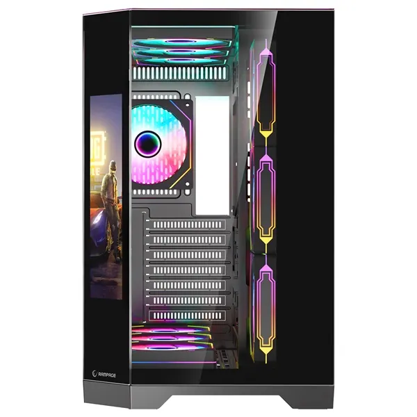 Rampage Számítógépház - NOVA (fekete; üveg; ATX; 9,17" TFT kijelző, 7x120mm RGB, 1xUSB3.0 + 1xUSB2.0) – 2. kép