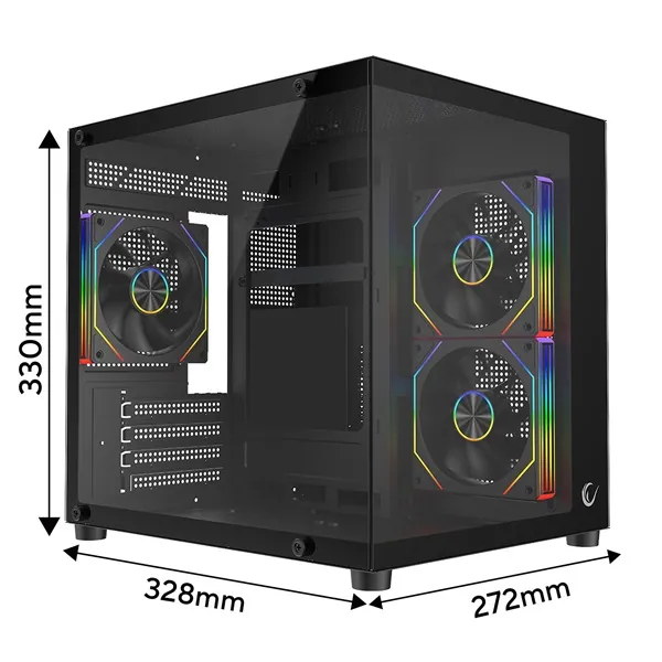 Rampage Számítógépház - LUMID (fekete; ablakos; BTF, mATX, Type-C, USB 3.0, alsó táp, 3x120mm A-RGB)