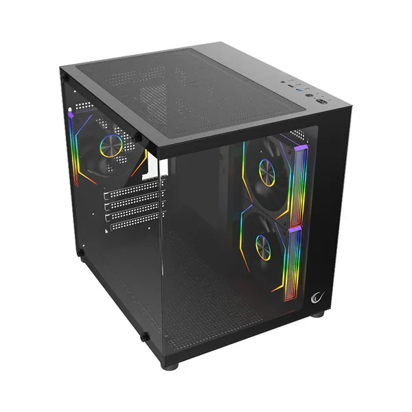 Rampage Számítógépház - LUMID (fekete; ablakos; BTF, mATX, Type-C, USB 3.0, alsó táp, 3x120mm A-RGB) – 3. kép