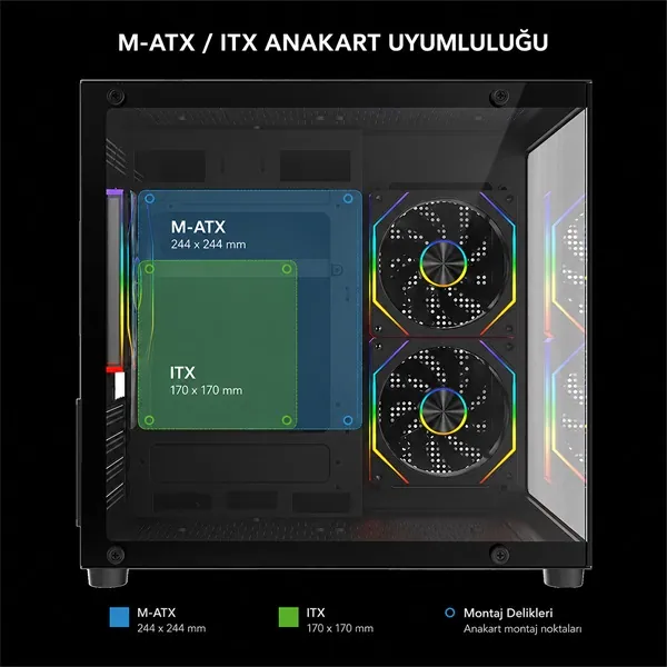 Rampage Számítógépház - LUMID (fekete; ablakos; BTF, mATX, Type-C, USB 3.0, alsó táp, 3x120mm A-RGB) – 6. kép