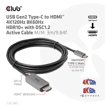 Club 3D Kábel - CAC-1587 (USB-C Gen 2 to HDMI, 4K120HZ 8K60HZ, HDR10+, DSC1.2, 3m, aktív) – 2. kép