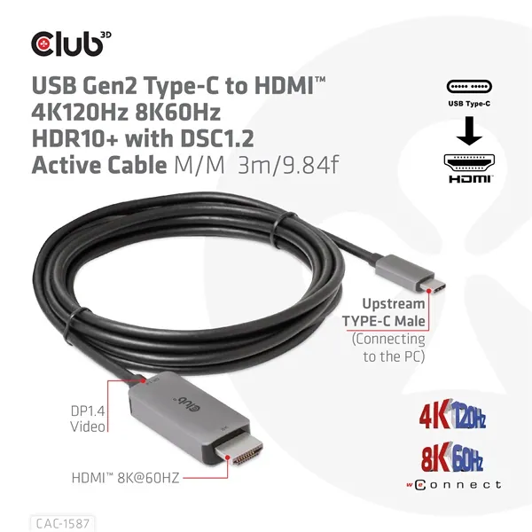 Club 3D Kábel - CAC-1587 (USB-C Gen 2 to HDMI, 4K120HZ 8K60HZ, HDR10+, DSC1.2, 3m, aktív) – 2. kép