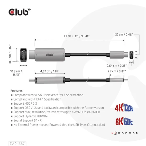 Club 3D Kábel - CAC-1587 (USB-C Gen 2 to HDMI, 4K120HZ 8K60HZ, HDR10+, DSC1.2, 3m, aktív) – 3. kép