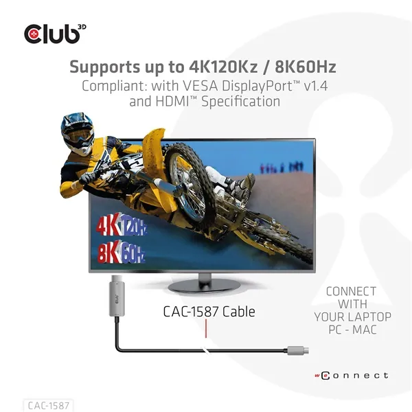 Club 3D Kábel - CAC-1587 (USB-C Gen 2 to HDMI, 4K120HZ 8K60HZ, HDR10+, DSC1.2, 3m, aktív) – 5. kép