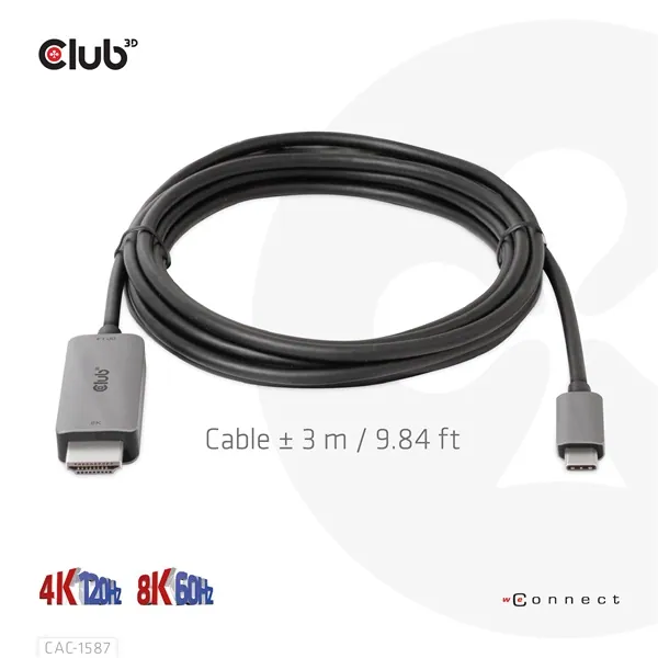 Club 3D Kábel - CAC-1587 (USB-C Gen 2 to HDMI, 4K120HZ 8K60HZ, HDR10+, DSC1.2, 3m, aktív) – 7. kép
