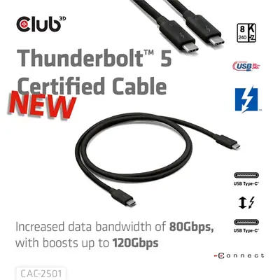 Club 3D Kábel - CAC-2501 (Thunderbolt 5 USB-C to USB-C, 240W, 80/120 Gbps, EPR, 8K240Hz, M/M, 1m) – 2. kép