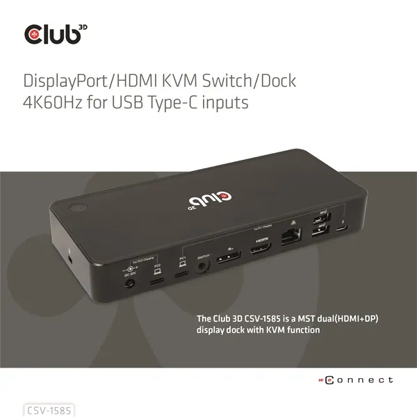 Club 3D KVM Switch - CSV-1585 (2xUSB-C to HDMI, DP, USB-C 100W PD3.0, 2xUSB-C, 3xUSB-A, 3,5 Jack, RJ45, 4k60Hz) – 2. kép