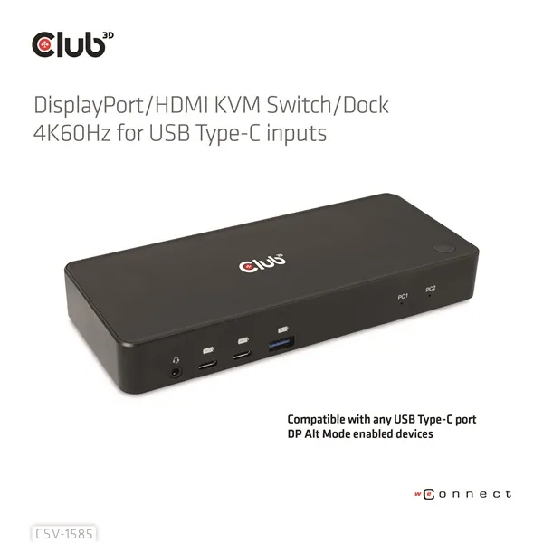 Club 3D KVM Switch - CSV-1585 (2xUSB-C to HDMI, DP, USB-C 100W PD3.0, 2xUSB-C, 3xUSB-A, 3,5 Jack, RJ45, 4k60Hz) – 3. kép