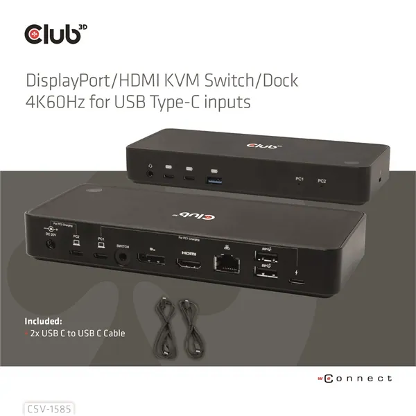 Club 3D KVM Switch - CSV-1585 (2xUSB-C to HDMI, DP, USB-C 100W PD3.0, 2xUSB-C, 3xUSB-A, 3,5 Jack, RJ45, 4k60Hz) – 4. kép