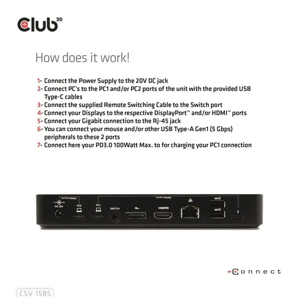 Club 3D KVM Switch - CSV-1585 (2xUSB-C to HDMI, DP, USB-C 100W PD3.0, 2xUSB-C, 3xUSB-A, 3,5 Jack, RJ45, 4k60Hz) – 6. kép