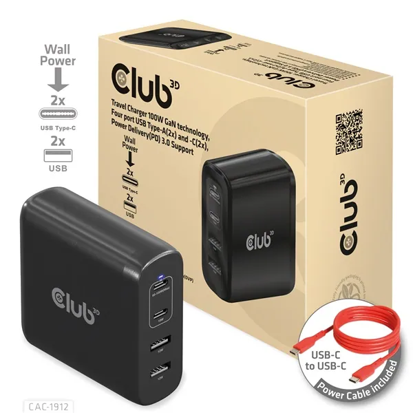 Club 3D Hálózati Adapter - CAC-1912EU (100W GaN, 2x USB-A, 2x USB-C, PD3.0, 4 csatlakozó) – 2. kép