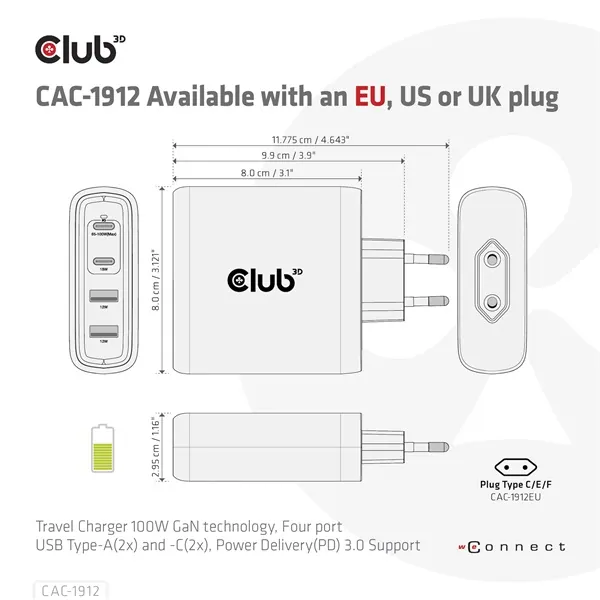 Club 3D Hálózati Adapter - CAC-1912EU (100W GaN, 2x USB-A, 2x USB-C, PD3.0, 4 csatlakozó) – 6. kép
