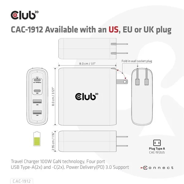 Club 3D Hálózati Adapter - CAC-1912EU (100W GaN, 2x USB-A, 2x USB-C, PD3.0, 4 csatlakozó) – 7. kép