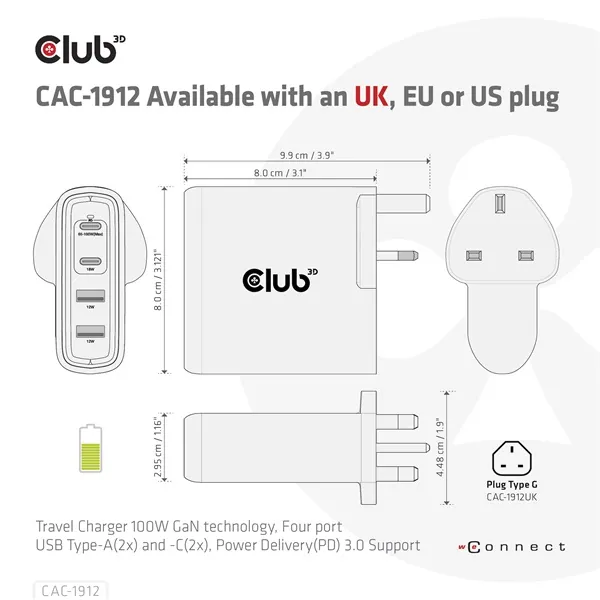 Club 3D Hálózati Adapter - CAC-1912EU (100W GaN, 2x USB-A, 2x USB-C, PD3.0, 4 csatlakozó) – 8. kép