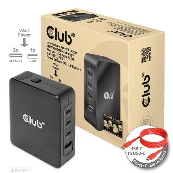 Club 3D Hálózati Adapter - CAC-1917 (140W GaN, 3x USB-C, 1x USB-A, PD3.1, 4 csatlakozó)