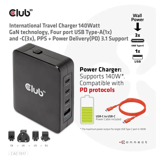 Club 3D Hálózati Adapter - CAC-1917 (140W GaN, 3x USB-C, 1x USB-A, PD3.1, 4 csatlakozó) – 2. kép