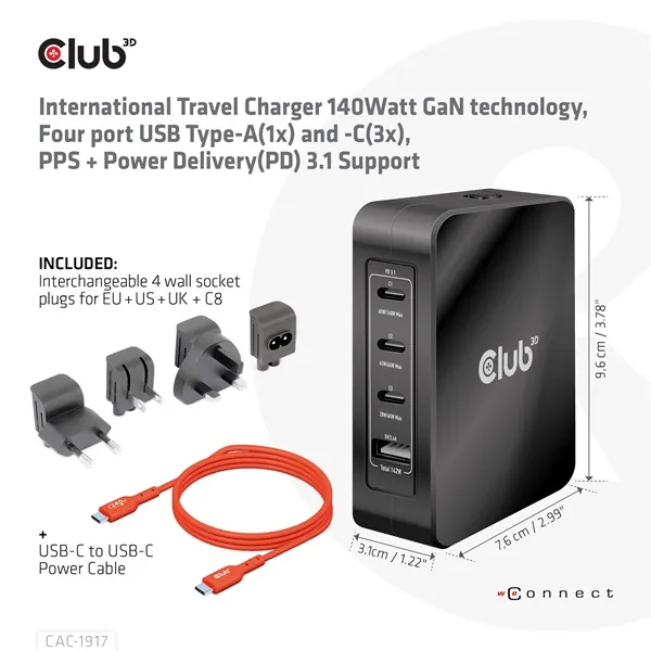 Club 3D Hálózati Adapter - CAC-1917 (140W GaN, 3x USB-C, 1x USB-A, PD3.1, 4 csatlakozó) – 3. kép
