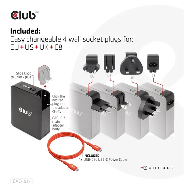 Club 3D Hálózati Adapter - CAC-1917 (140W GaN, 3x USB-C, 1x USB-A, PD3.1, 4 csatlakozó) – 5. kép