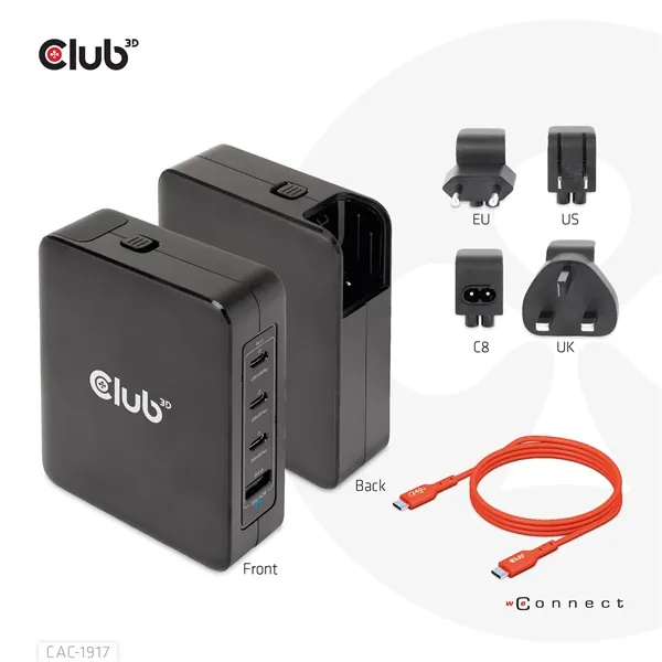 Club 3D Hálózati Adapter - CAC-1917 (140W GaN, 3x USB-C, 1x USB-A, PD3.1, 4 csatlakozó) – 7. kép