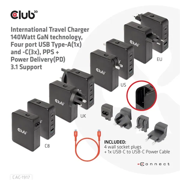 Club 3D Hálózati Adapter - CAC-1917 (140W GaN, 3x USB-C, 1x USB-A, PD3.1, 4 csatlakozó) – 8. kép