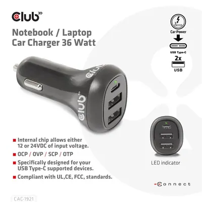 Club 3D Autós Töltő - CAC-1921 (36W, 2x USB-A, 1x USB-C, 12-24V, QC3.0) – 2. kép