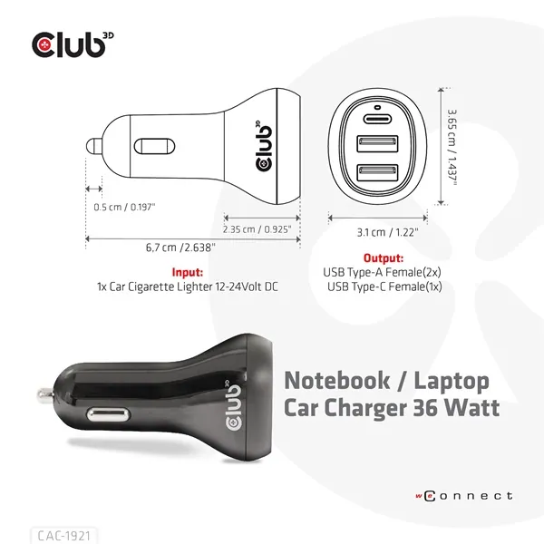 Club 3D Autós Töltő - CAC-1921 (36W, 2x USB-A, 1x USB-C, 12-24V, QC3.0) – 3. kép