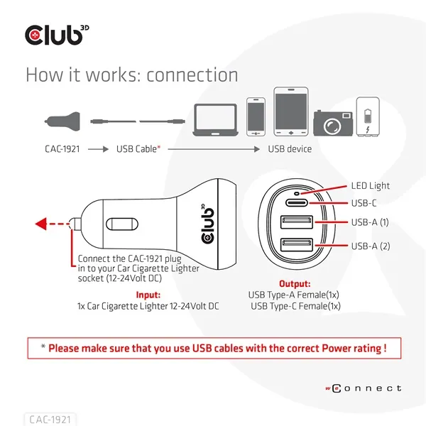 Club 3D Autós Töltő - CAC-1921 (36W, 2x USB-A, 1x USB-C, 12-24V, QC3.0) – 4. kép