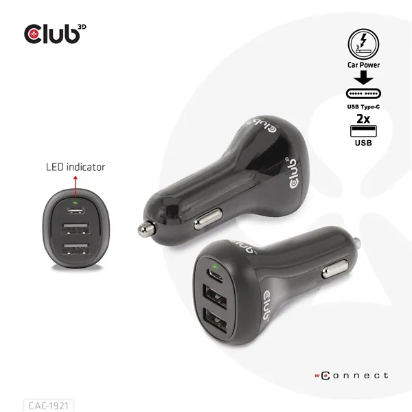 Club 3D Autós Töltő - CAC-1921 (36W, 2x USB-A, 1x USB-C, 12-24V, QC3.0) – 5. kép
