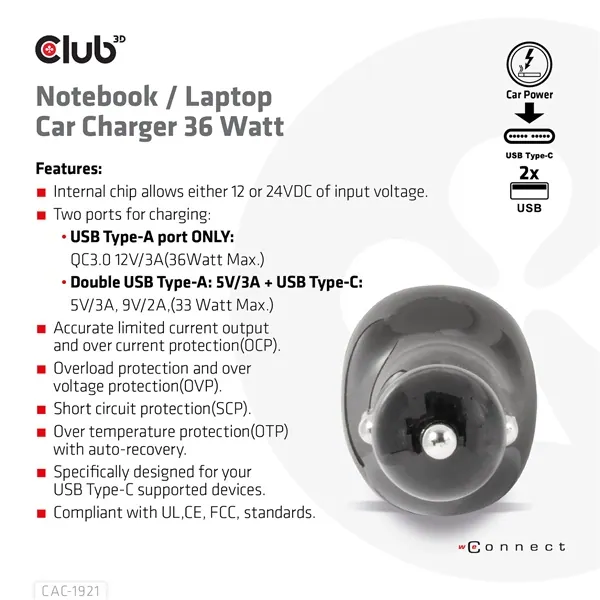 Club 3D Autós Töltő - CAC-1921 (36W, 2x USB-A, 1x USB-C, 12-24V, QC3.0) – 6. kép