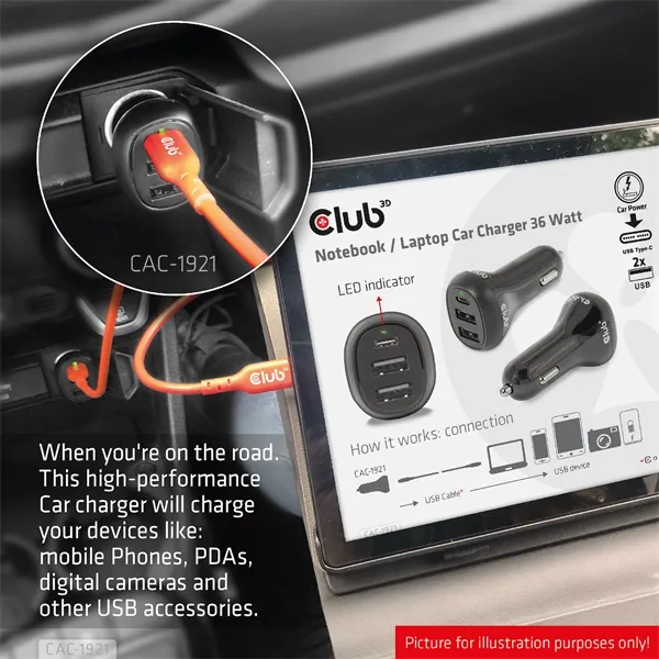 Club 3D Autós Töltő - CAC-1921 (36W, 2x USB-A, 1x USB-C, 12-24V, QC3.0) – 7. kép