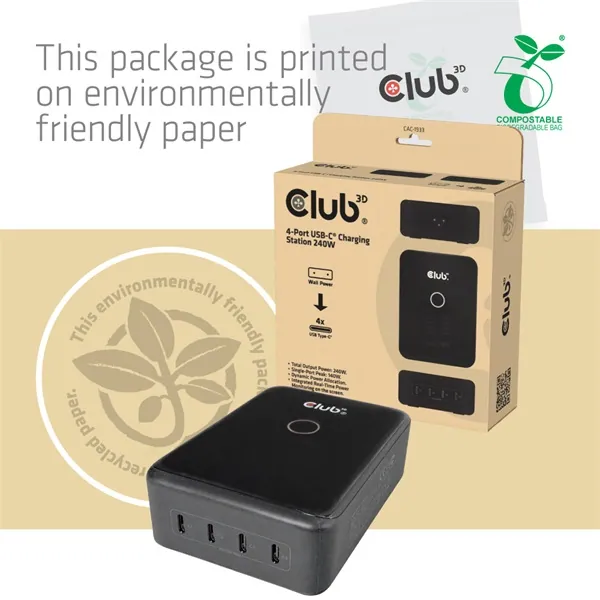 Club 3D Hálózati Adapter - CAC-1933 (240W GaN, 4x USB-C, PD3.1, PPS + LED kijelző) – 3. kép