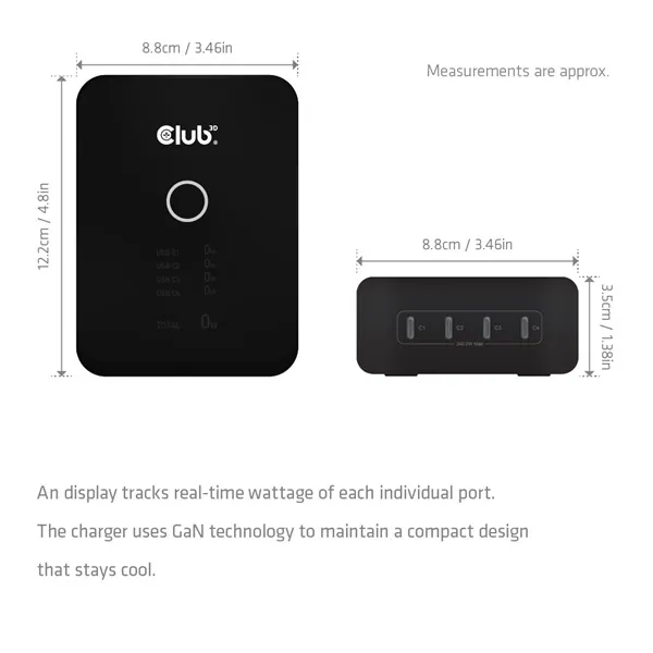 Club 3D Hálózati Adapter - CAC-1933 (240W GaN, 4x USB-C, PD3.1, PPS + LED kijelző) – 5. kép
