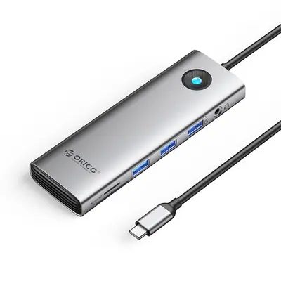 Orico Notebook Dokkoló - PW11-10P-GY (Bemenet: USB-C, Kimenet: HDMI/VGA/USB-A+C/PD100W/RJ45/Kártyaolvasó/3.5mm Jack)