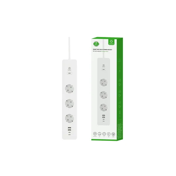 Woox Smart Elosztó - R6132 (Wi-Fi, 3 aljzat, 2x USB-A, 2x USB-C, fogyasztásmérés, 3680W, 1,5m, fehér)