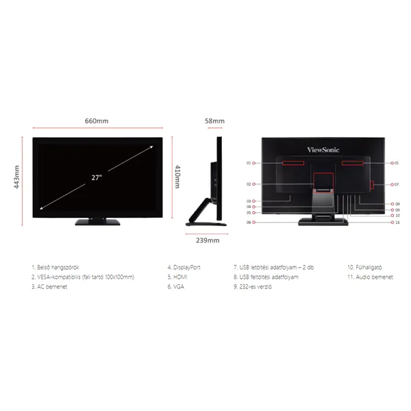 ViewSonic Portable Monitor 27" - TD2760 (VA,16:9, 1920x1080, 10 point Touch, 6ms, 250cd/m2, VGA, DP, HDMI, USB, SPK) – 5. kép