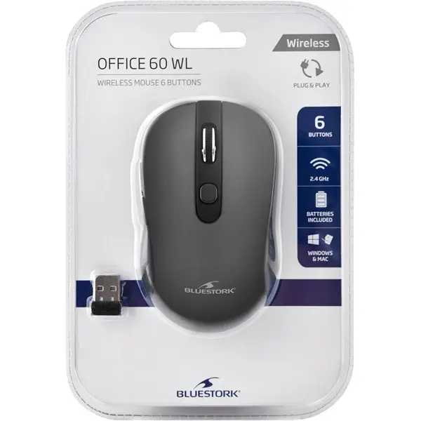 Bluestork Vezeték nélküli Egér - M-WL-OFF60-GREY (1600 DPI, 6 gomb, optikai, szürke) – 4. kép