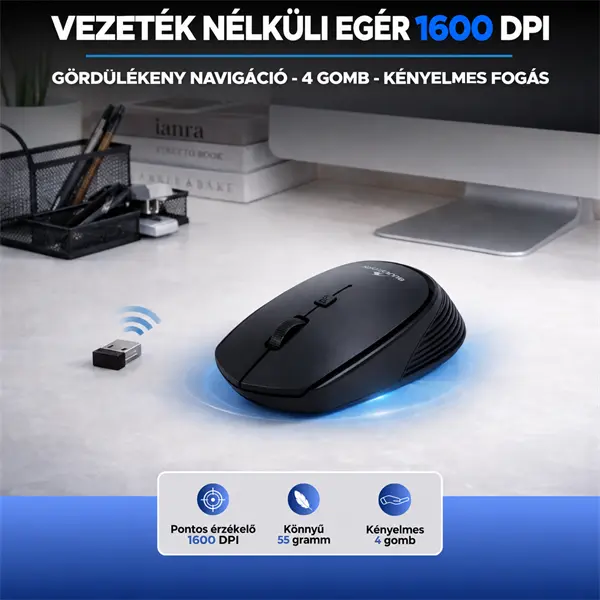 Bluestork Billentyűzet/Egér Kit - 2 in 1 PACK-MEDIA-OFF/HU (Vezeték nélküli, Multiedia, 1600 DPI egér, fekete, magyar) – 2. kép