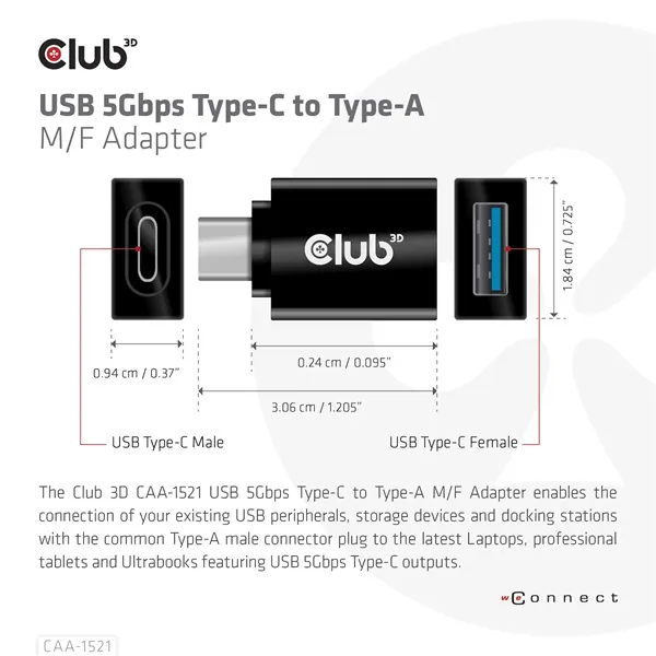 Club 3D Átalakító - CAA-1521 (3.1 USB-C Gen 1 to 3.1 USB-A Gen1) – 3. kép