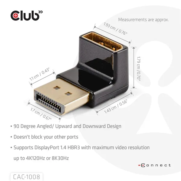 Club 3D Átalakító - CAC-1008 (90° DisplayPort 1.4, M/F, 4K120Hz, univerzális) – 3. kép