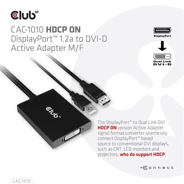 Club 3D Átalakító - CAC-1010 (DisplayPort to 2xDVI-A HDCP ON, 4K30Hz, 2560x1600@60Hz, 60cm) – 2. kép