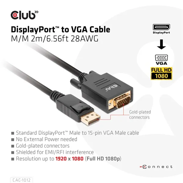 Club 3D Kábel - CAC-1012 (DisplayPort to VGA, 2m, 28AWG, Full HD 1080p, Aranyozott csatlakozók) – 2. kép