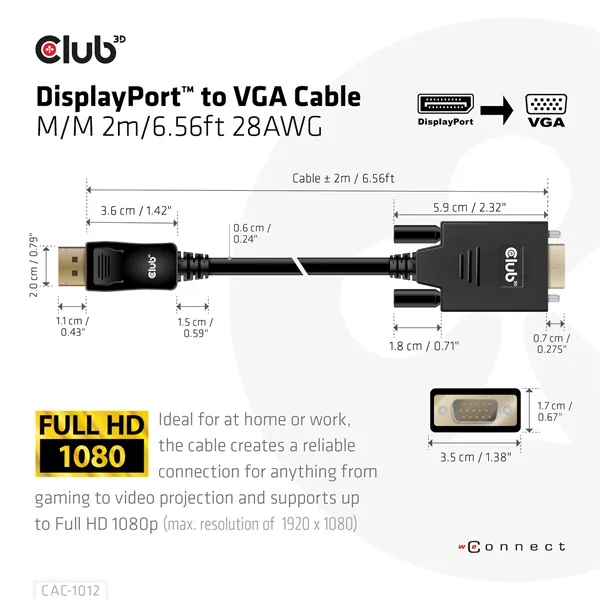 Club 3D Kábel - CAC-1012 (DisplayPort to VGA, 2m, 28AWG, Full HD 1080p, Aranyozott csatlakozók) – 3. kép