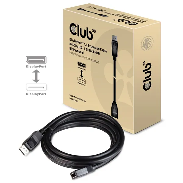 Club 3D Kábel - CAC-1023 (DisplayPort 1.4, 8K60Hz, DSC 1.2, HBR3, HDR, 3m, Bidirectionális, M/F)