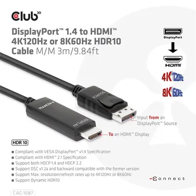 Club 3D Kábel - CAC-1087 (DisplayPort 1.4 to HDMI 8K60Hz HDR10, 3m, M/M) – 2. kép